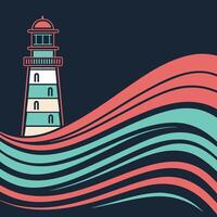 Colorful Lighthouse with Waves in Abstract Coastal Art Design for Nautical Decor vector