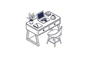 A workspace setup with a laptop and chair on a white desk art illustration vector