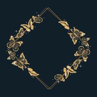 Square frame of butterfly silhouettes from shining gold glitter, Danaus plexippus, Graphium sarpedon, and Swallowtail. Ideal for various design projects, showing elegance and diversity in nature. vector