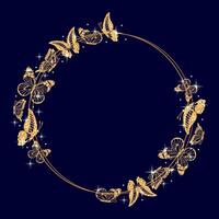 Round frame of butterfly silhouettes from shining gold glitter, Danaus plexippus, Graphium sarpedon, and Swallowtail. Ideal for various design projects, showing elegance and diversity in nature. vector