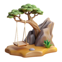 3D Render Swing Under Tree near Rocks png
