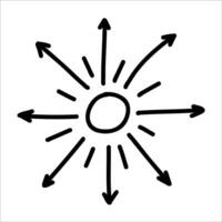 Hand drawn sun with rays arrow design in doodle. Cute illustration of sun ray arrow, perfect for adding playful touch to kids art. Ideal sun ray arrows design for cheerful decorations, projects. Arrow vector