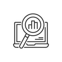 This icon represents data analysis, showing a magnifying glass over a computer screen with bar charts, highlighting the importance of key data representation in todays analytical environment vector
