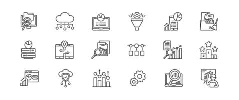 This collection of linestyle web icons illustrates key data analysis concepts like graphs, statistics, traffic patterns, and performance analytics, essential across various fields and industries vector