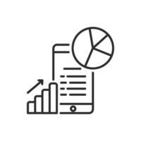 This modern line icon represents data analysis via a mobile device, graphs, and a pie chart, making it perfect for web design projects related to digital analytics and data interpretation vector