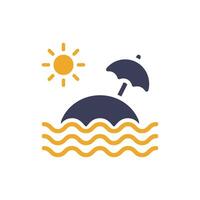 A simplistic and minimalist icon that illustrates a delightful beach scene, showcasing a sun, an umbrella, and gentle waves, beautifully symbolizing summer vacations as well as relaxation moments vector
