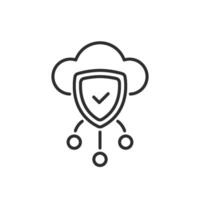 This icon visually represents data analysis in cloud computing, featuring a shield that symbolizes protection and security for data transactions, ensuring the safety and integrity of the data vector