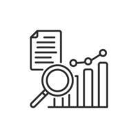 This minimalist line icon represents data analysis, featuring a magnifying glass, bar graph, and document, effectively illustrating key analytical processes used in various fields and industries vector