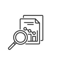 This icon represents data analysis, showing a magnifying glass over documents and charts, symbolizing a thorough exploration to uncover insights vital for informed decisionmaking vector
