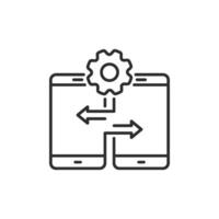An innovative icon symbolizing data analysis and information transfer between mobile devices, featuring dynamic arrows and a gear design, ideal for tech and app development visuals vector