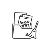 An outline icon depicting the concept of data analysis, which includes a folder filled with documents along with a broom, symbolizing the importance of thorough data organization and management vector