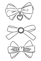 Hand drawn black and white illustration of three decorative bows with intricate details for a coloring page vector