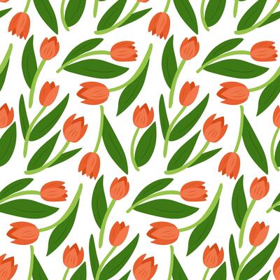 Colorful seamless pattern with red tulips and green leaves on a white background in flat illustration style