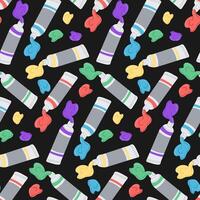 Seamless pattern with colorful paint tubes and splashes on a black background in a creative and artistic style vector