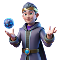 dramatic traditional 3D Render Young Wizard with Magic Orb high quality png