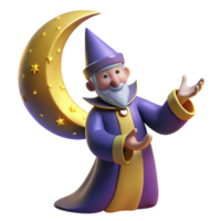 magnificent creative Friendly Wizard 3D Render with Crescent Moon original png