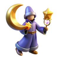 extraordinary classic 3D Cartoon Wizard with Moon and Star high quality png