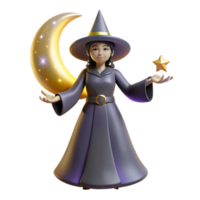 stunning traditional 3D Render Witch with Crescent Moon and Star high resolution png