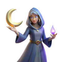 beautiful minimalist 3D Render Fantasy Witch Character Crescent Moon Magic authentic png