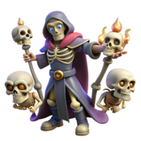 serene artistic 3D Illustration of a Skeletal Sorcerer with Flaming Skull Staffs professional png