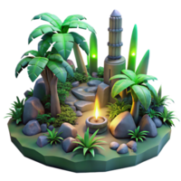 serene abstract Tropical Island 3D Render Palm Trees, Ancient Ruins, Candlelight high quality png