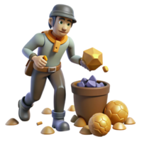 impressive classic 3D Cartoon Miner and Gold Nuggets Illustration professional png
