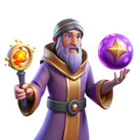 extraordinary traditional Wizard with Staff and Orb 3D Render high quality png