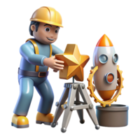 beautiful abstract 3D Illustration Worker Placing Star on Rocket Launchpad detailed png