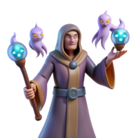 impressive creative Wizard with Magic Staff and Spirits 3D Render detailed png