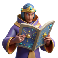 elegant artistic Wise Wizard 3D Render Studying Celestial Book genuine png