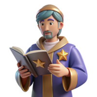 vibrant rustic 3D Render of Wise Mage Reading Book original png