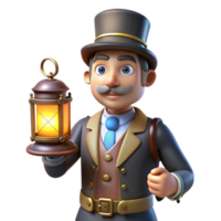 impressive rustic 3D Cartoon Gentleman with Lantern high resolution png