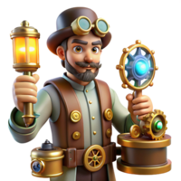 serene rustic Steampunk Inventor 3D Render authentic png