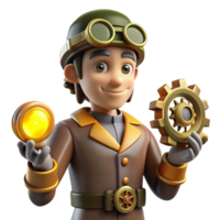 serene minimalist 3D Render of a Steampunk Inventor authentic png