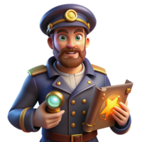 dramatic rustic 3D Cartoon Captain with a Book and a Flashlight high quality png