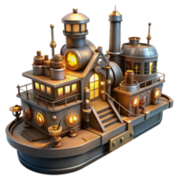 serene traditional Steampunk Houseboat 3D Render high resolution png