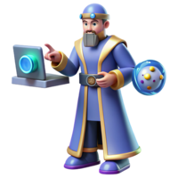 beautiful artistic 3D Render Wizard with Laptop and Orb authentic png