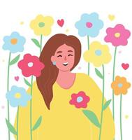 Happy woman surrounded by flowers and butterflies. Joyful romantic girl in the summer in nature. flat graphics. vector