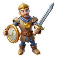 dramatic traditional 3D Cartoon Knight with Clock Shield and Sword authentic png