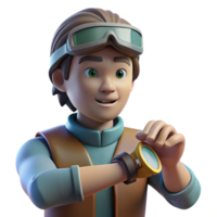 magnificent abstract 3D Render Boy Adventurer Checking Watch premium png
