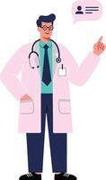 Medical professional in a white coat with stethoscope gesturing while explaining health advice in a flat illustration vector