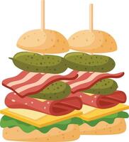 A towering sandwich layered with fresh vegetables, savory meats, and pickles in a minimalistic flat design style, showcasing appetizing details in art vector