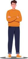 A young man standing confidently with crossed arms in a casual outfit, featuring a flat and minimal design style, illustration vector