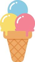 Colorful ice cream cone featuring three scoops in pastel shades of blue, yellow, and pink, designed in a minimal flat art style vector
