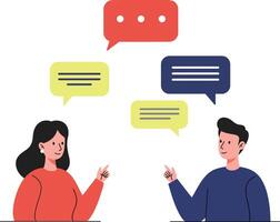 Engaging conversation between a man and a woman in a flat design style with colorful speech bubbles in art vector