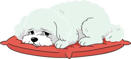 A fluffy white dog curled up on a red cushion in a cozy indoor setting, in a minimal illustration style vector