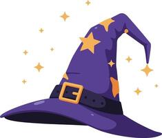 Purple wizard hat adorned with golden stars and sparkling accents in a flat design style, perfect for magical themes in art vector