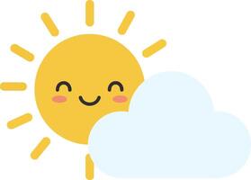 Bright and cheerful sun peeking from behind a fluffy cloud in a flat illustration, radiating warmth and happiness in a playful design style art vector
