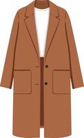 Brown long coat displayed in a flat, minimal style with pockets and a relaxed fit, perfect for casual wear, art vector