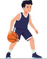Young boy dribbling a basketball in a playful and energetic manner, showcasing flat design style in vibrant colors, illustration vector